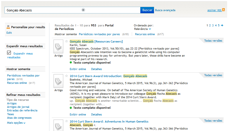 Consulta com o nome do pesquisador Gonçalo Abecasis (Fonte: Portal de Periódicos da CAPES)