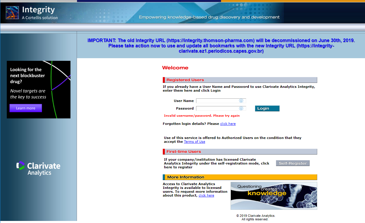 Interface da plataforma Integrity (Clarivate Analytics)