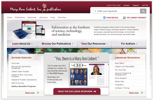 Mary Ann Liebert oferece mais de 100 títulos de periódicos (Imagem: www.liebertpub.com)